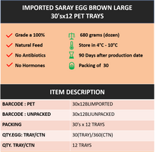 Load image into Gallery viewer, Imported Saray Egg Brown Large 30'sx12 PET Trays Product Information