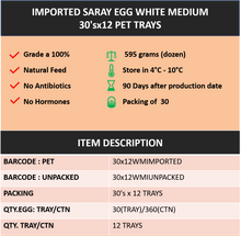Load image into Gallery viewer, Imported Saray Egg White Medium 30'sx12 PET Trays Product Information