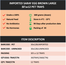 Load image into Gallery viewer, Imported Saray Egg Brown Large 30&#39;sx12 PET Trays Product Information
